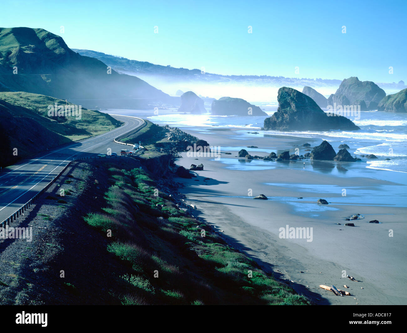 Southern Oregon Coast showing US Highway 101 as it passes Cape Sebastian between Gold Beach and Brookings Stock Photo