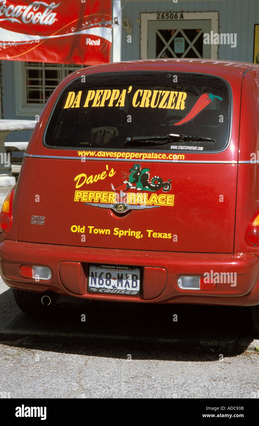 Old Town Spring Texas USA Chrysler PT Cruiser decorated with chilli peppers Stock Photo