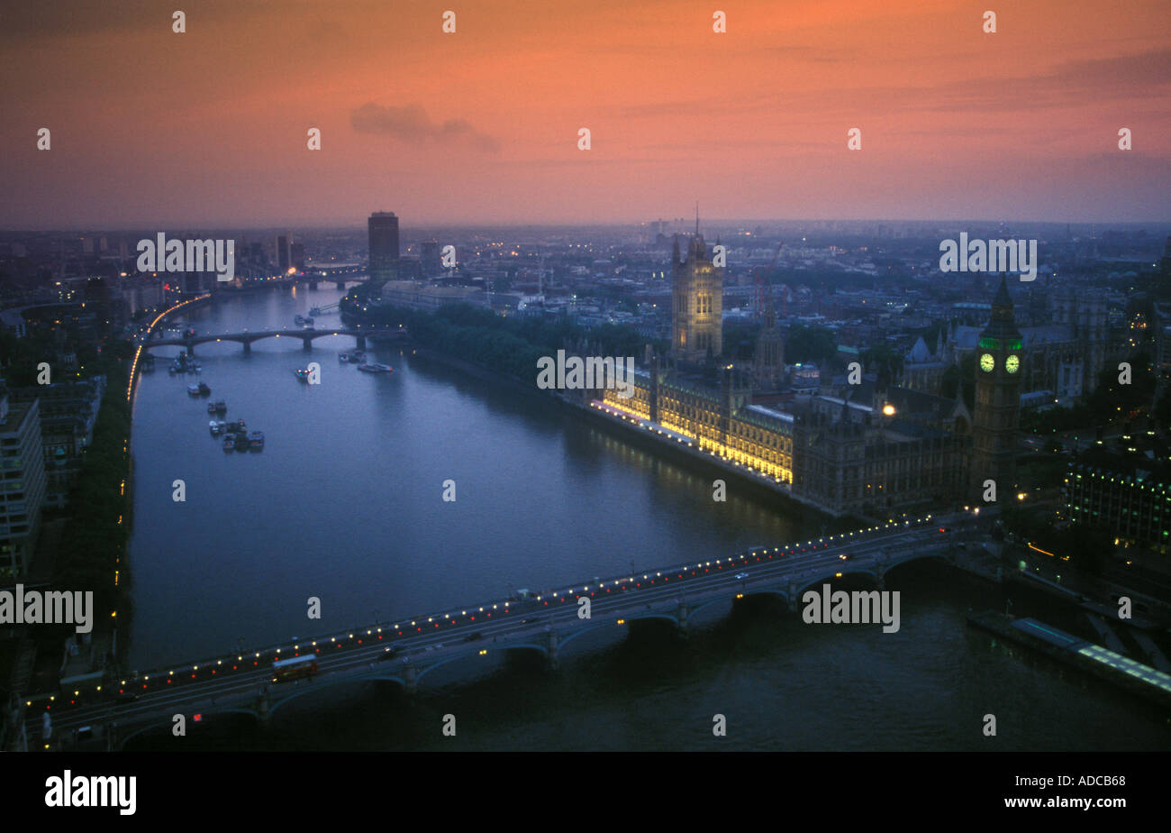 River Thames and Westminster seen from London Eye at dusk London Stock Photo