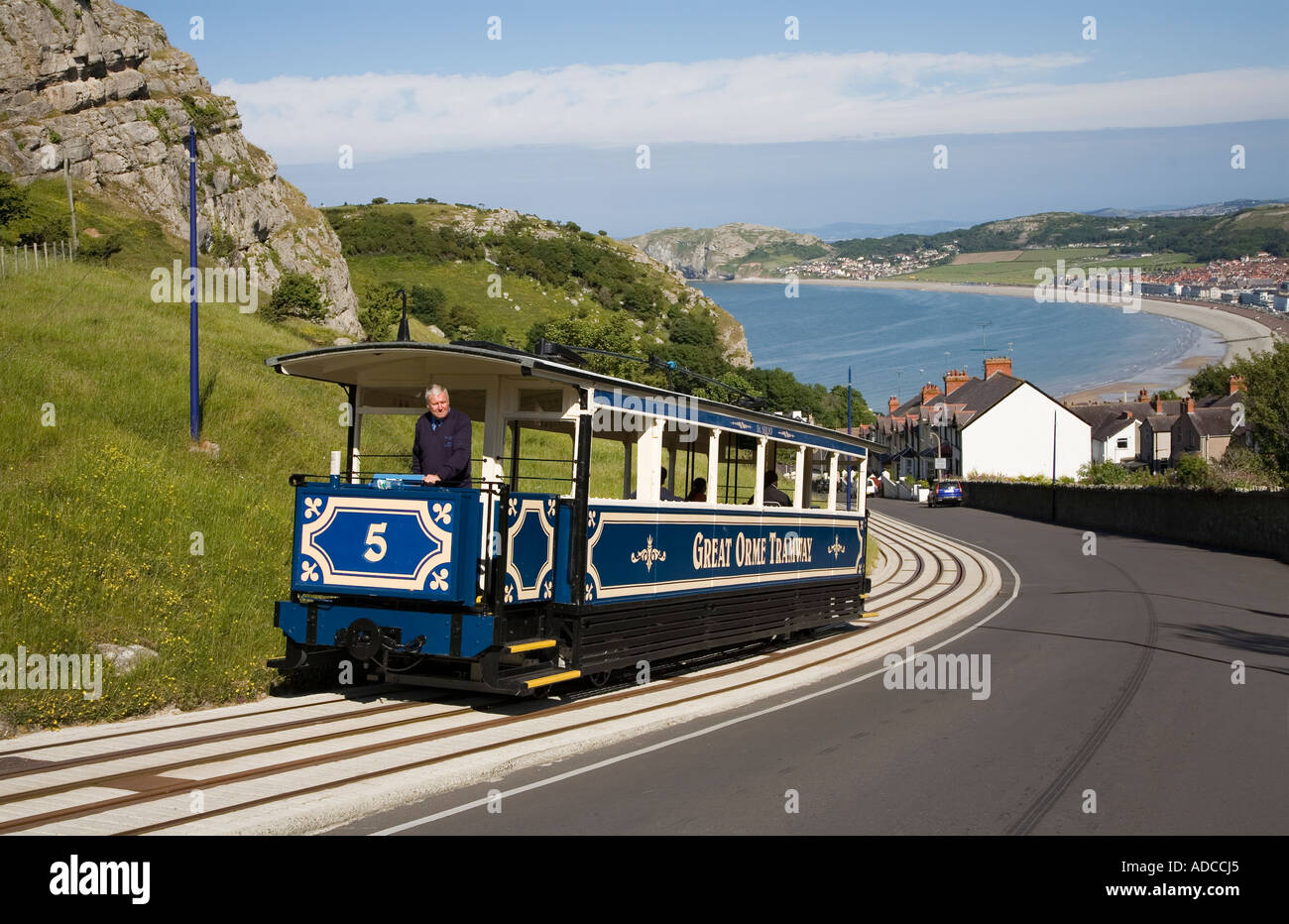Tram on the Great Orme Tramway descending towards Llandudno Wales UK