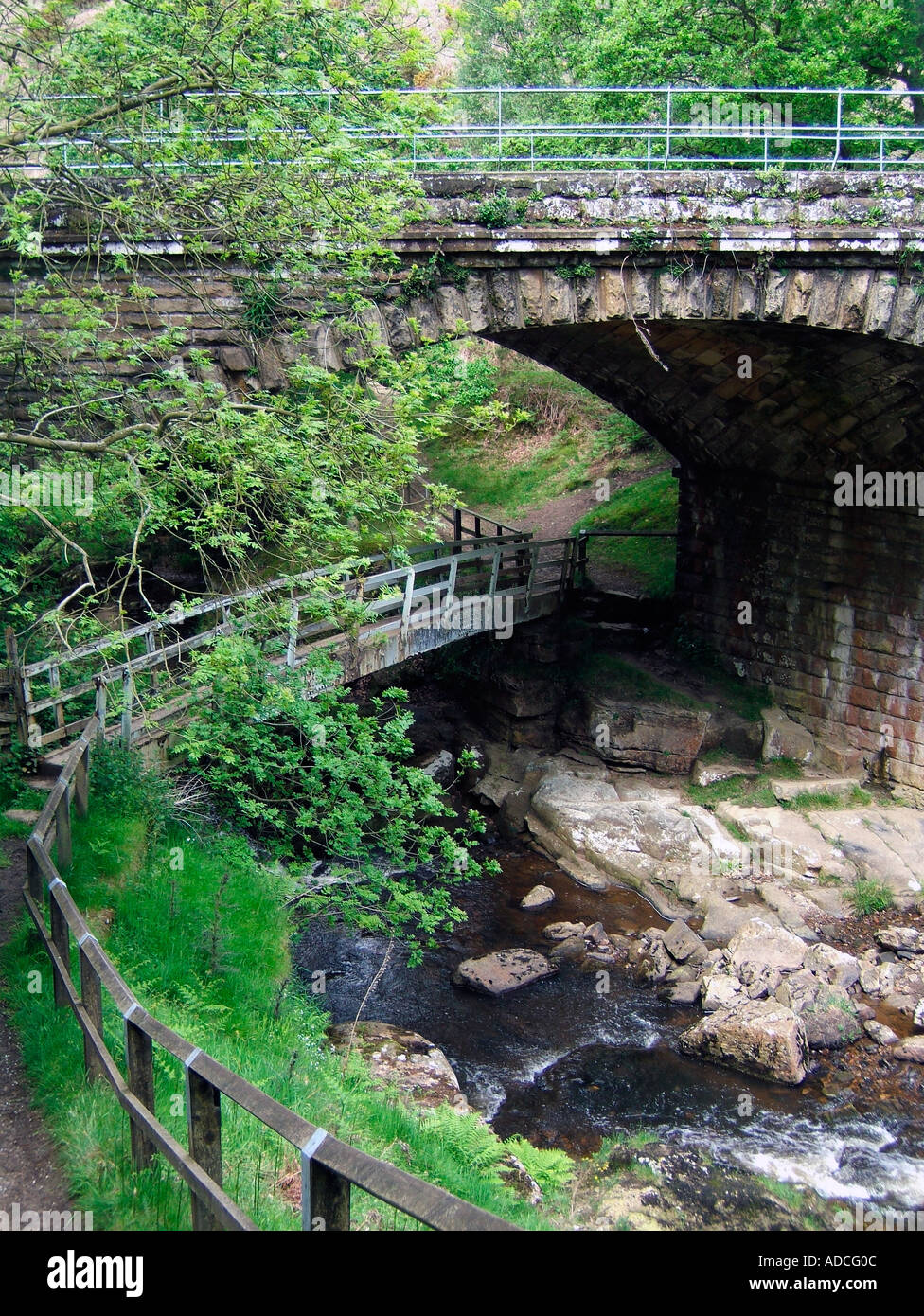 Footpath and footbridge under railway bridge near Gothland Stock Photo