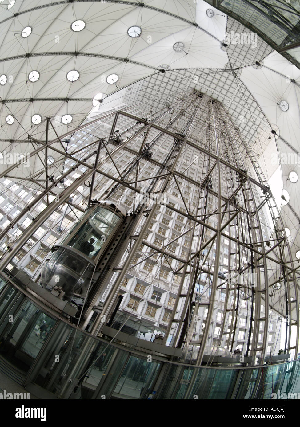 The beautifully designed free standing elevator of the Grande Arche in