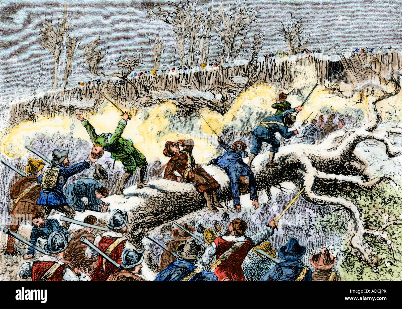 Colonists attack on the Narragansett Indian fortified village during King Philips War 1675. Hand-colored woodcut Stock Photo