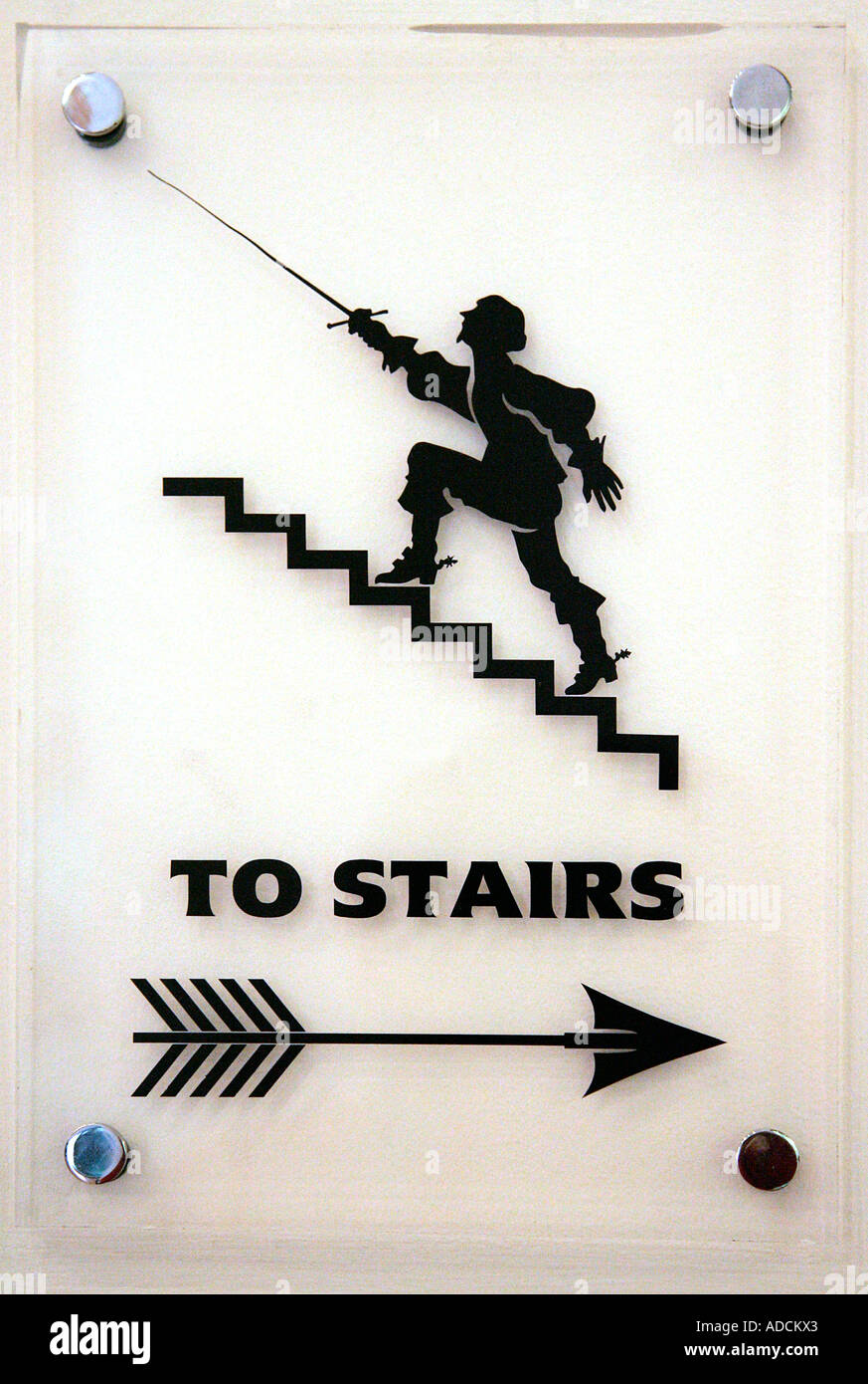 plastic sign knight rapier sword steel step pointing up to stairs reconstruction gallery