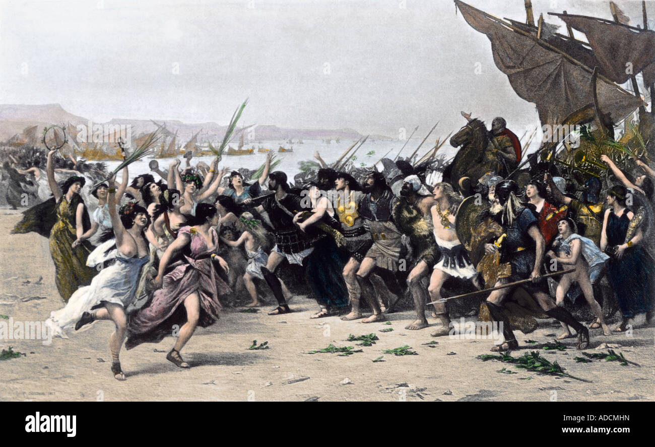 Ancient Greeks celebrating their naval victory over the Persians at Salamis 449 BC. Hand-colored photogravure of an illustration Stock Photo
