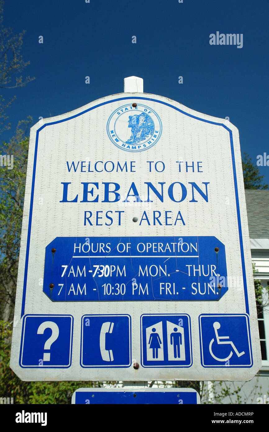 AJD57911, NH, New Hampshire, to the Lebanon Rest Area, Visitor Center, sign Stock Photo