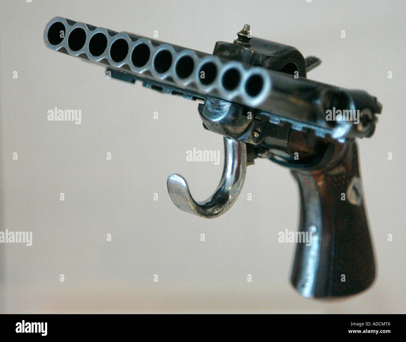 antique old fashioned pistol armory firearm trigger shoot white Stock