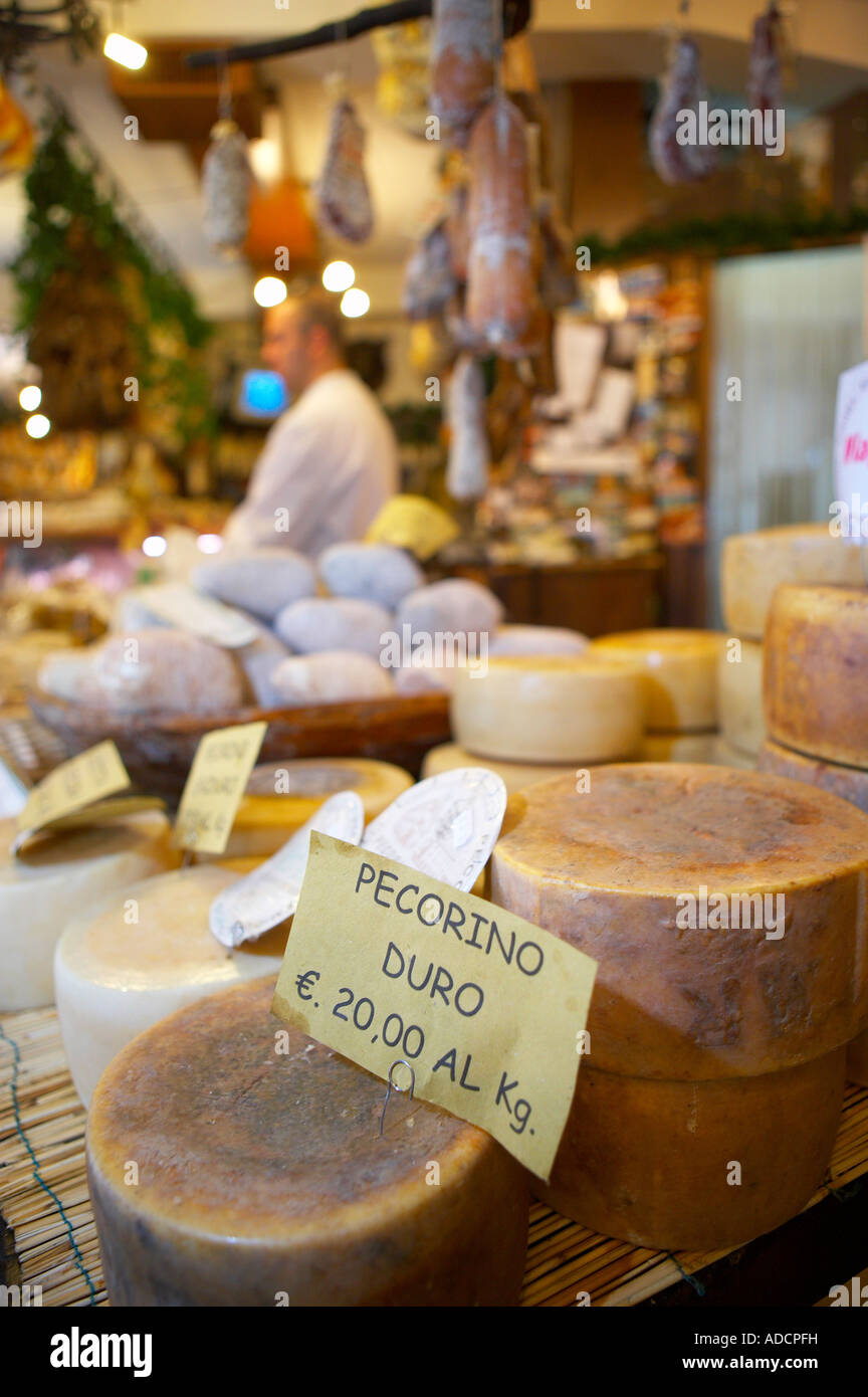 pecorino cheese on display in a shop in Norcia selling local produce Umbria Italy NR Stock Photo