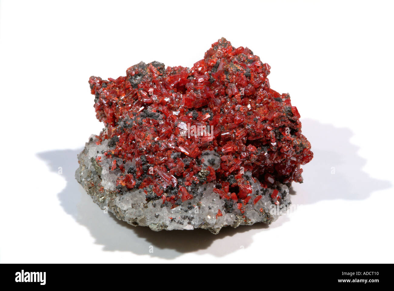 Mineral Realgar, Ruby red crystals covering a quartz and pyrite matrix,  Mina Baia Sprie, Baia Mare, Maramures, Romania Stock Photo - Alamy