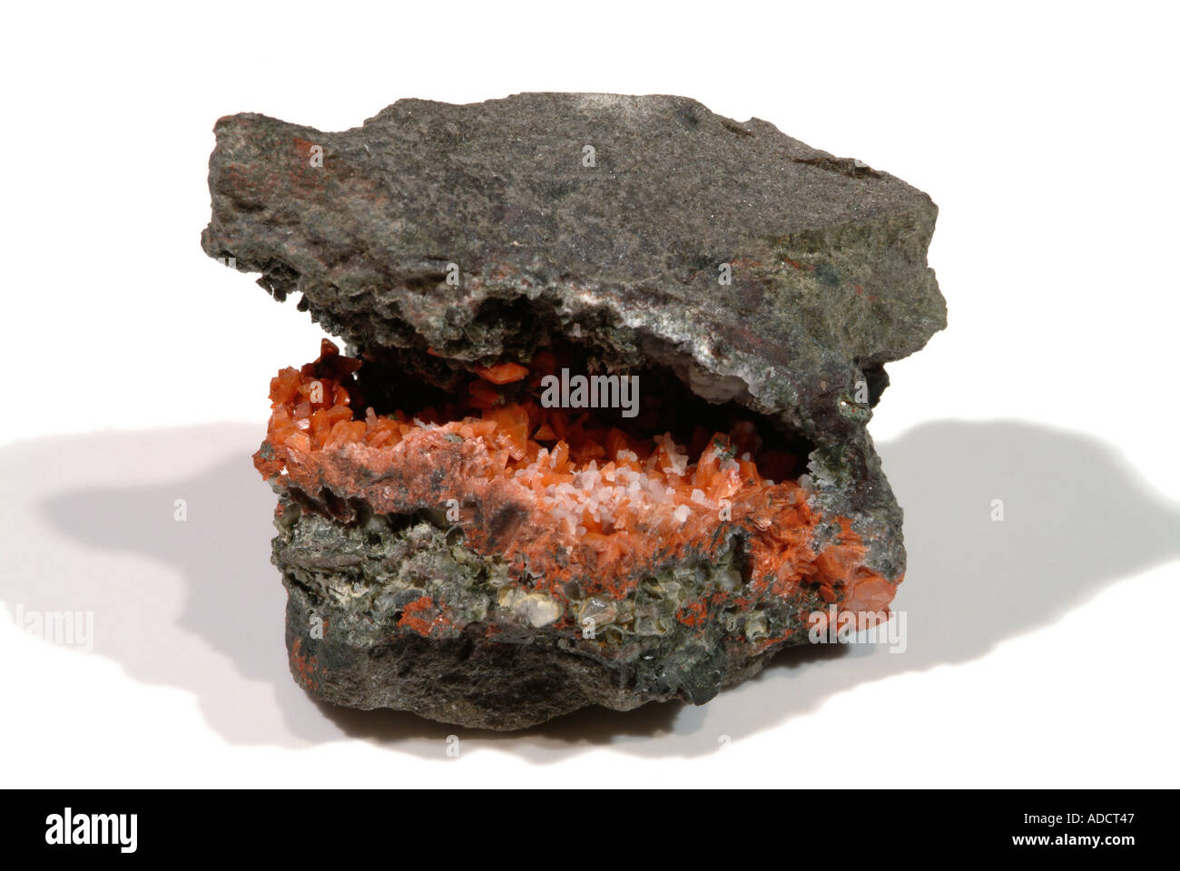 Mineral Heulandite, Red Heulandite in Basalt, Lang Craigs, Dunbartonshire, Scotland Stock Photo