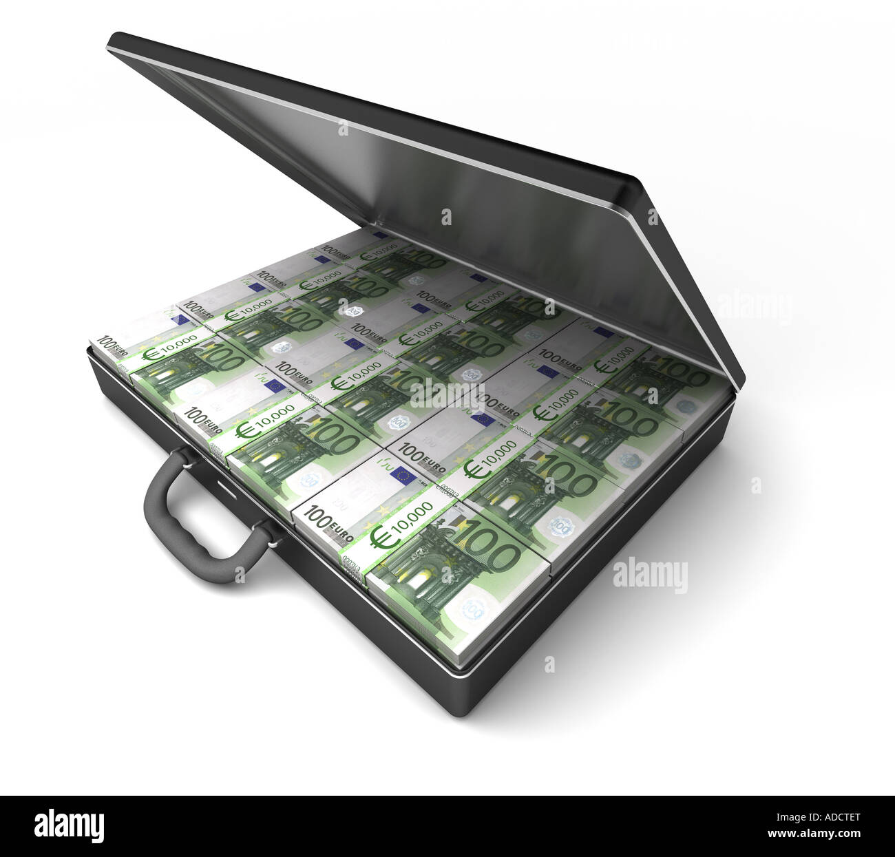 A briefcase full of 100 Euro banknotes. White background. Stock Photo