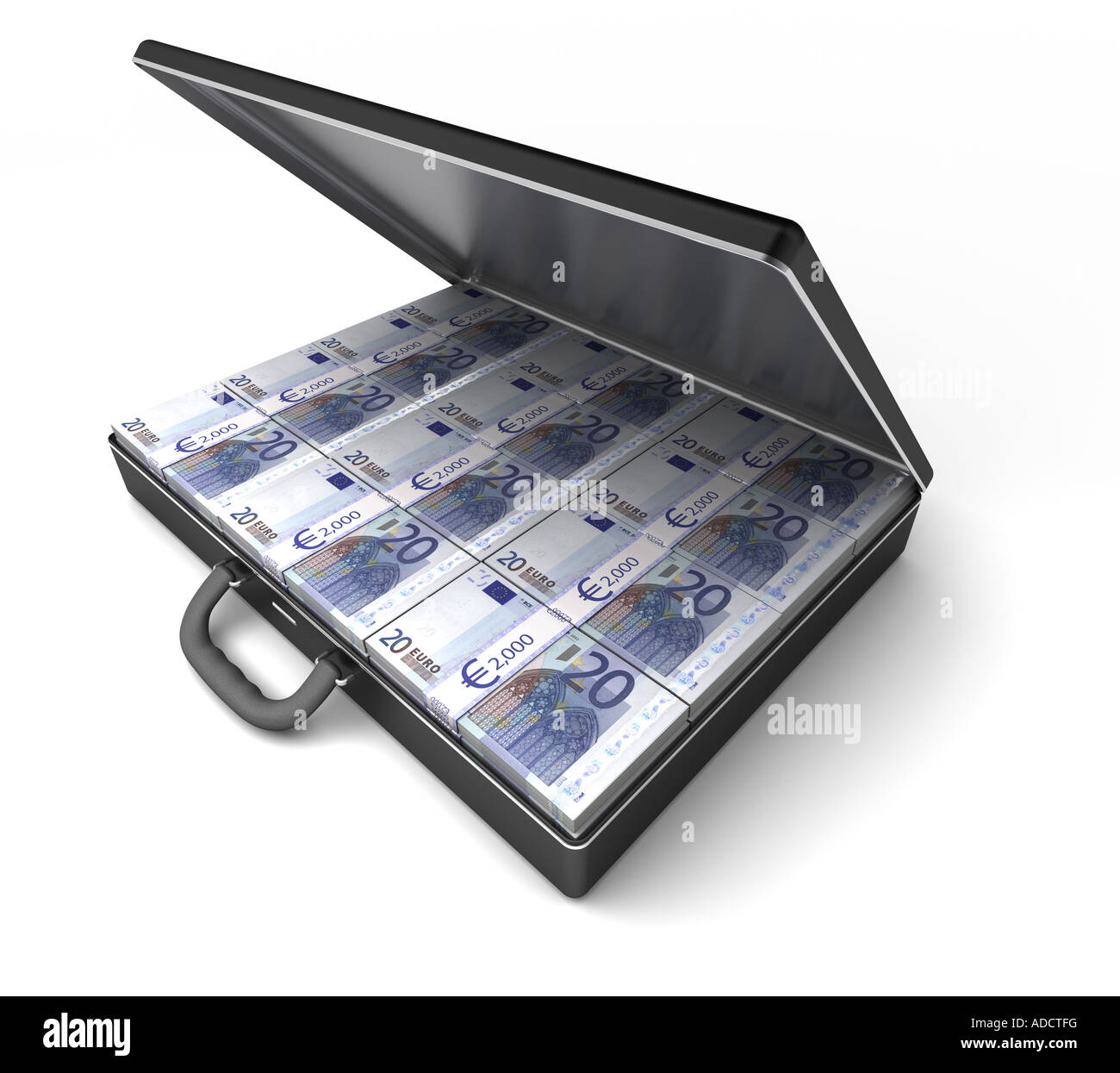 A briefcase full of 20 Euro banknotes. White background. Stock Photo