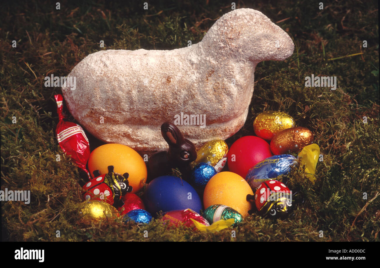 easter lamb cake and colored eggs traditional cake Stock Photo