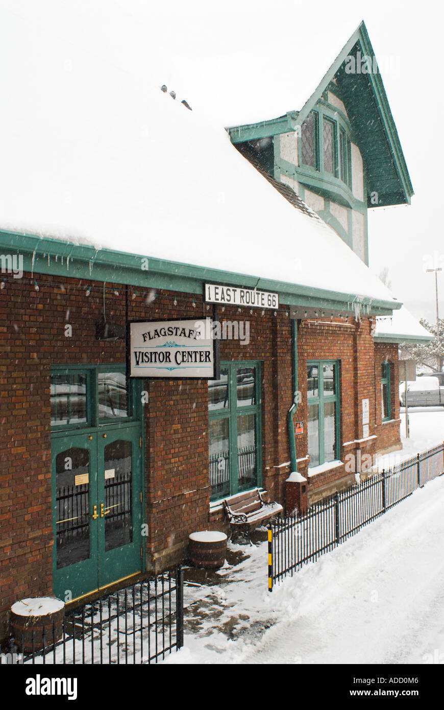 Flagstaff Visitor Center and Train Station covered in winter snow