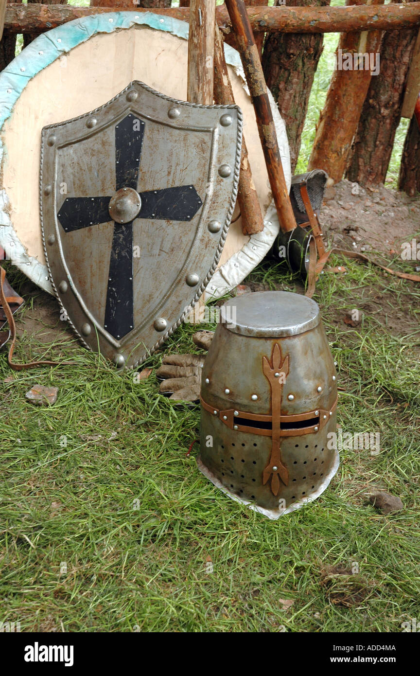 Scientific festival in Warsaw - knight helmet, shield and weapon Stock Photo