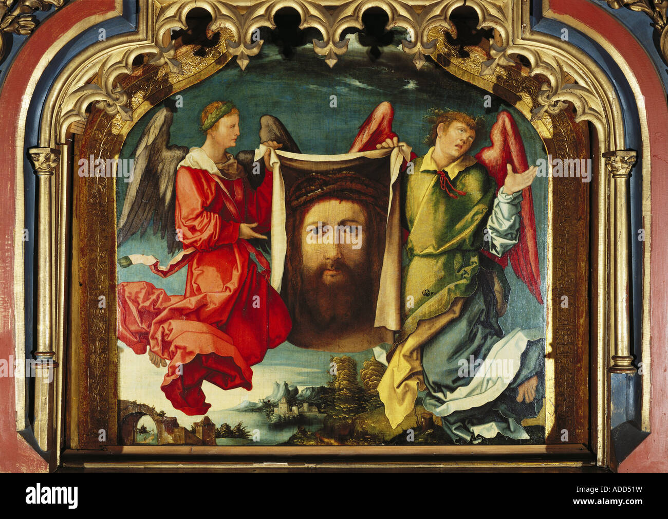 fine arts, Huber, Wolf (circa 1485 - 1553), 'Wolf-Huber-Altar', predella painting, angels with Veil of Veronica, 1521, Saint Nicholas cathedral, Feldkirch, Artist's Copyright has not to be cleared Stock Photo