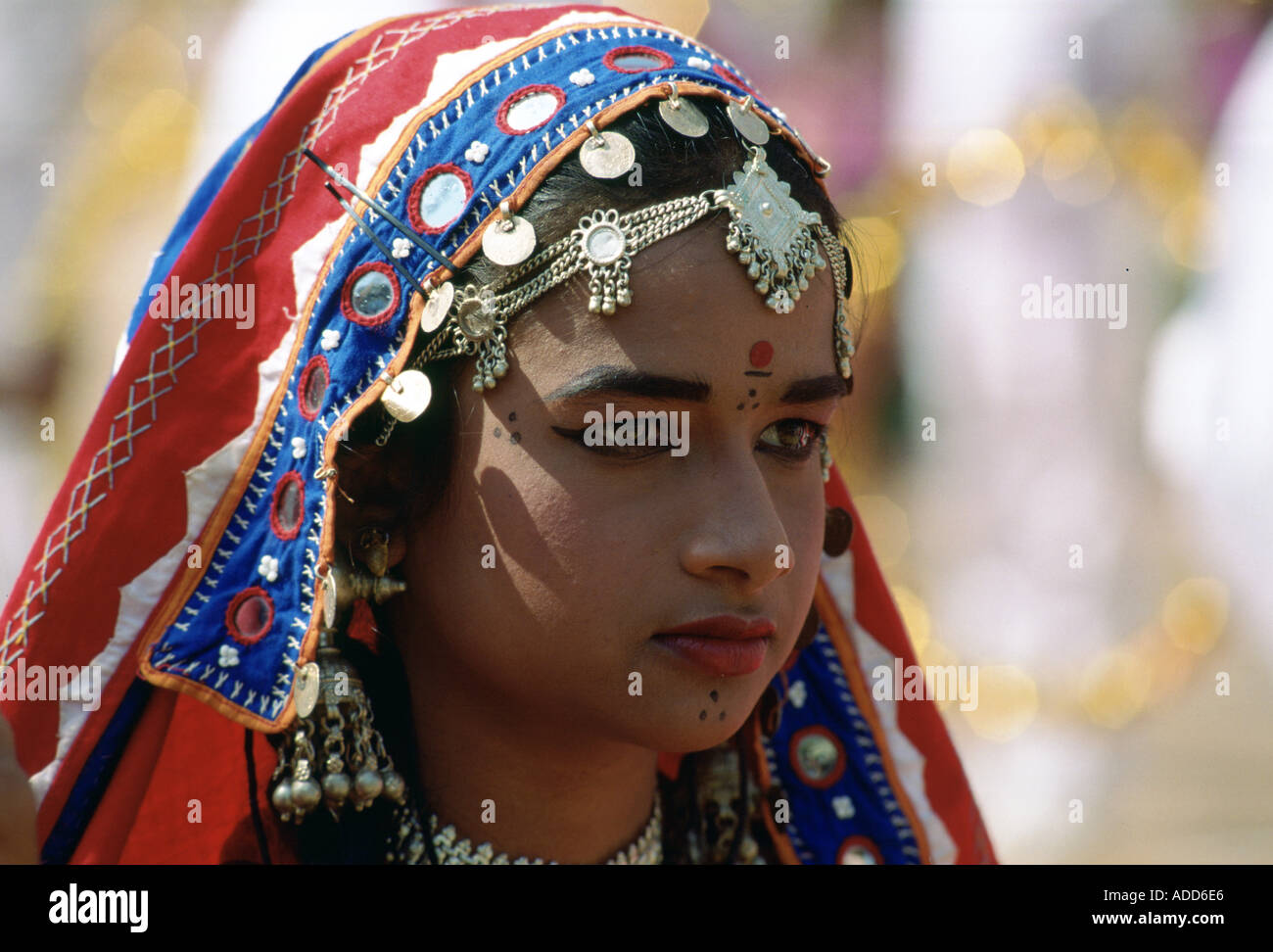 Young pretty girl in national costume and jewels at a festival in Calcutta India Stock Photo