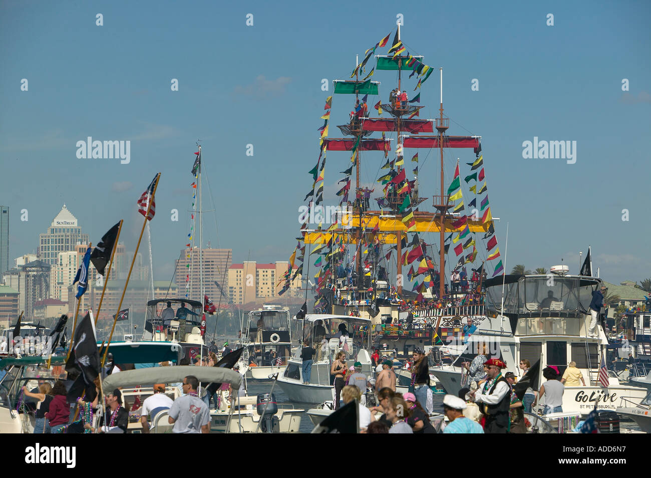 Gasparilla Pirate ship makes it way into Downtown Tampa through Channel for Gasparilla parade and celebration Stock Photo