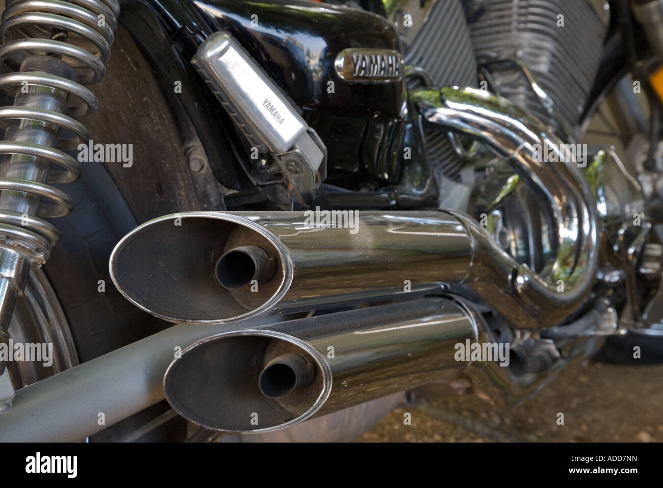 Stock photo of Yamaha Virago motorcycle dual exhaust pipes Shot July 2007 Stock Photo