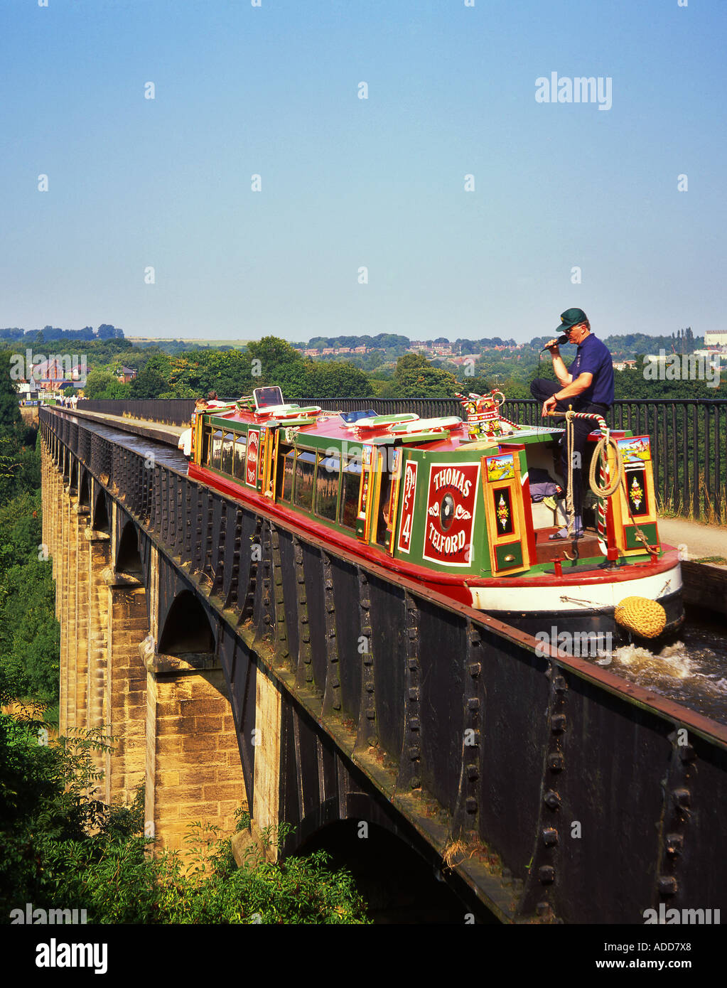 Traditional Narrowboat Crossing the Pontcysyllte Aqueduct on Shropshire Union Canal, Near Trevor, Vale of Llangollen, Wales, UK Stock Photo