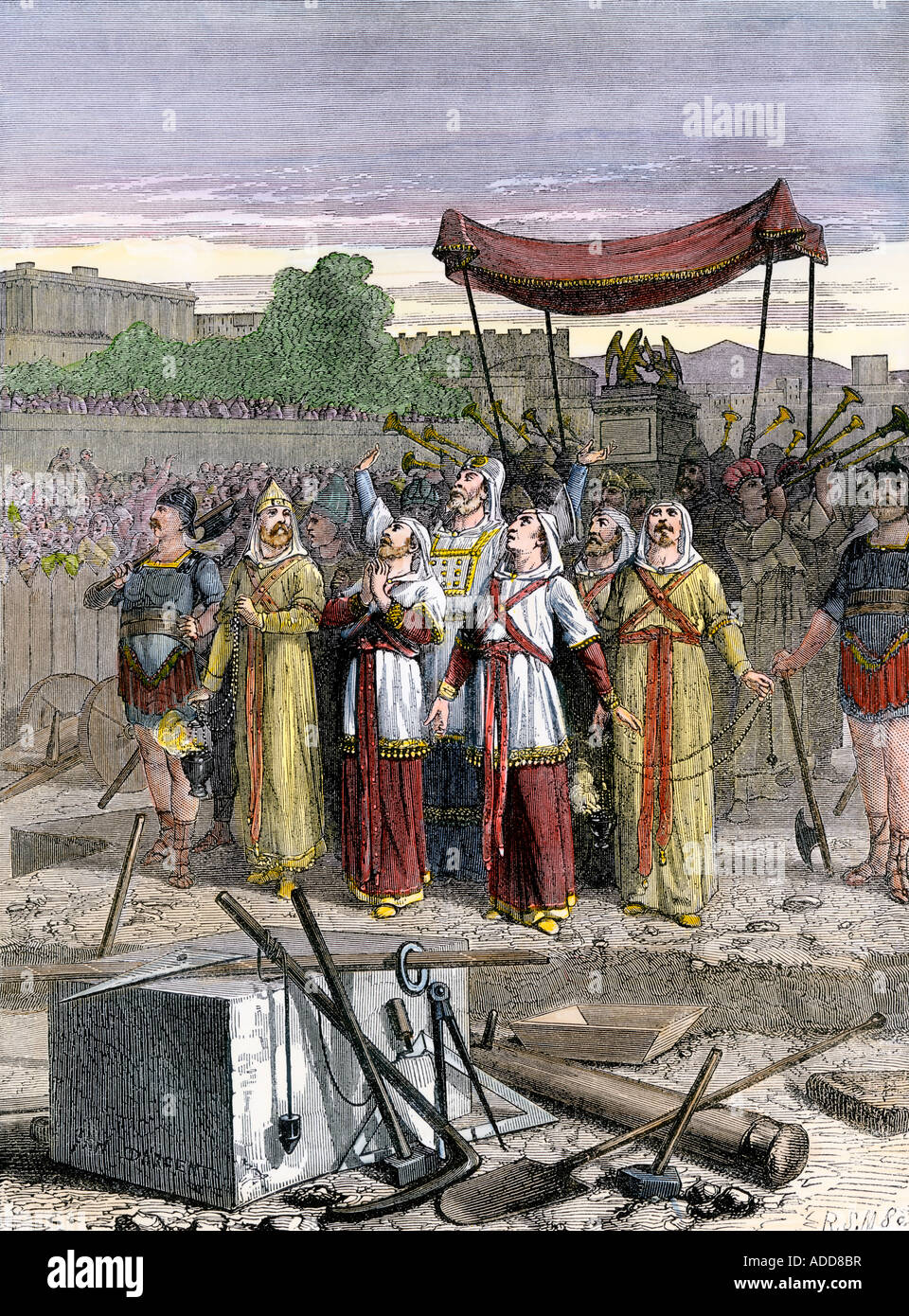 Israelites celebrate rebuilding Solomons temple at Jerusalem after the Babylonian Captivity. Hand-colored woodcut Stock Photo