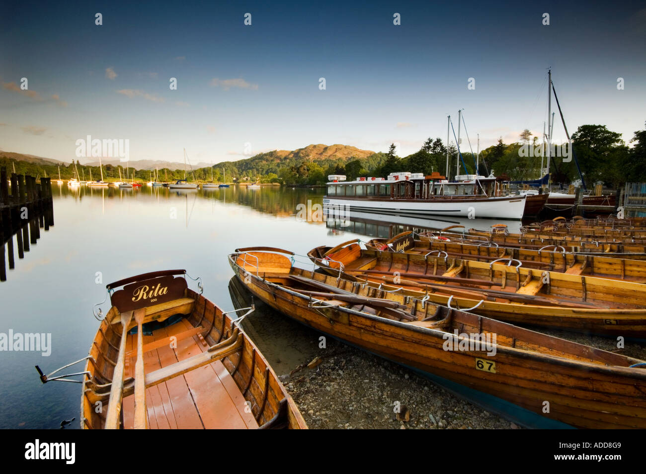 Traditional Rowing Boats in Early Morning on Lake Windermere, Near Ambleside, Lake District National Park, Cumbria, England, UK Stock Photo