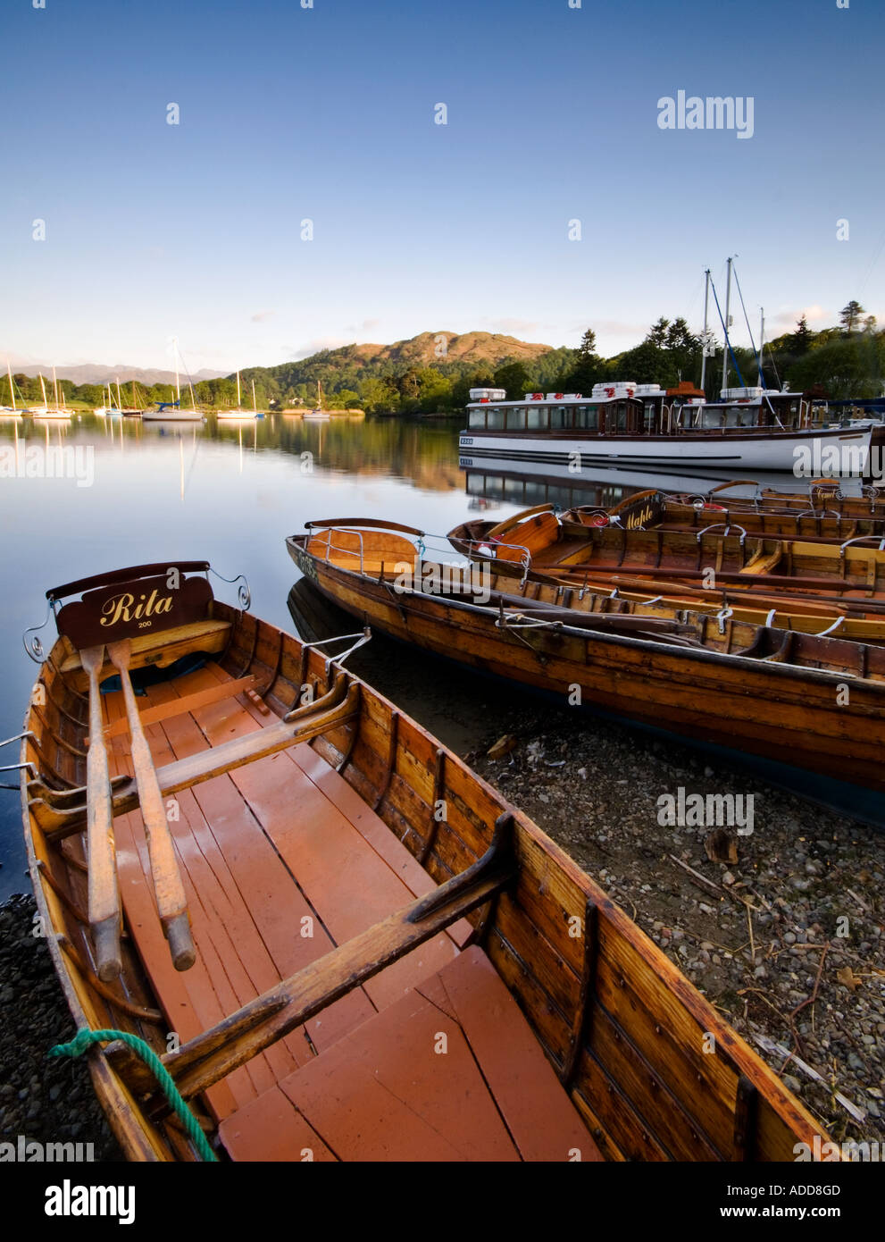Traditional Rowing Boats in Early Morning on Lake Windermere, Near Ambleside, Lake District National Park, Cumbria, England, UK Stock Photo