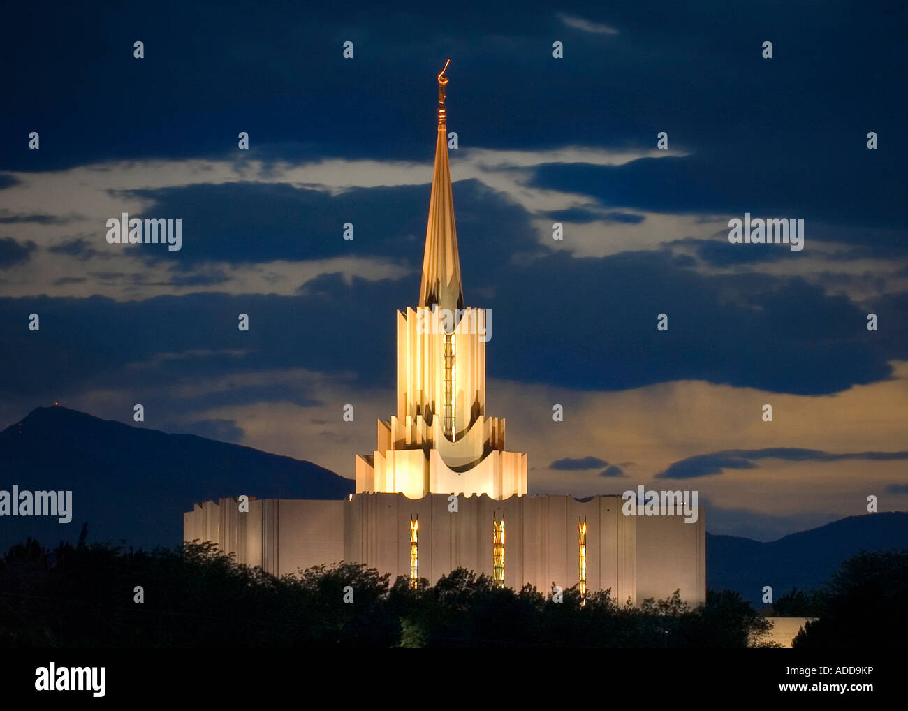 LDS Mormon Jordan River Temple at dusk Stock Photo