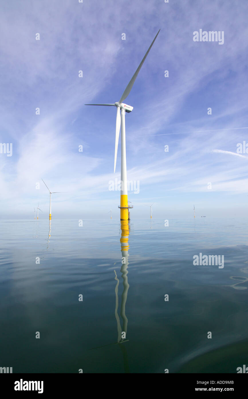 view of the Kentish flats offshore windfarm on windless day not moving Stock Photo