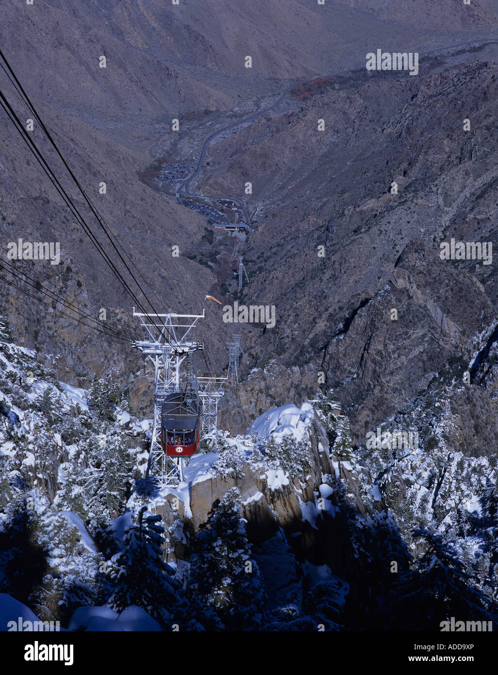 Retro image Aerial tramway moving up on cables from the valley floor up to Mount San Jacinto Palm Springs California State USA Stock Photo