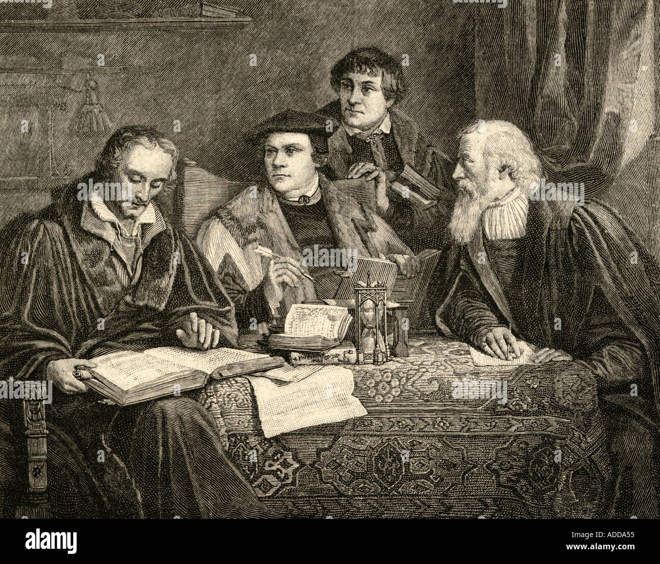Philip Melancthon, Martin Luther, Johann Bugenhagen aka Dr. Pomeranus and Cruciger Gaspard Creuziger, translating the bible. Stock Photo