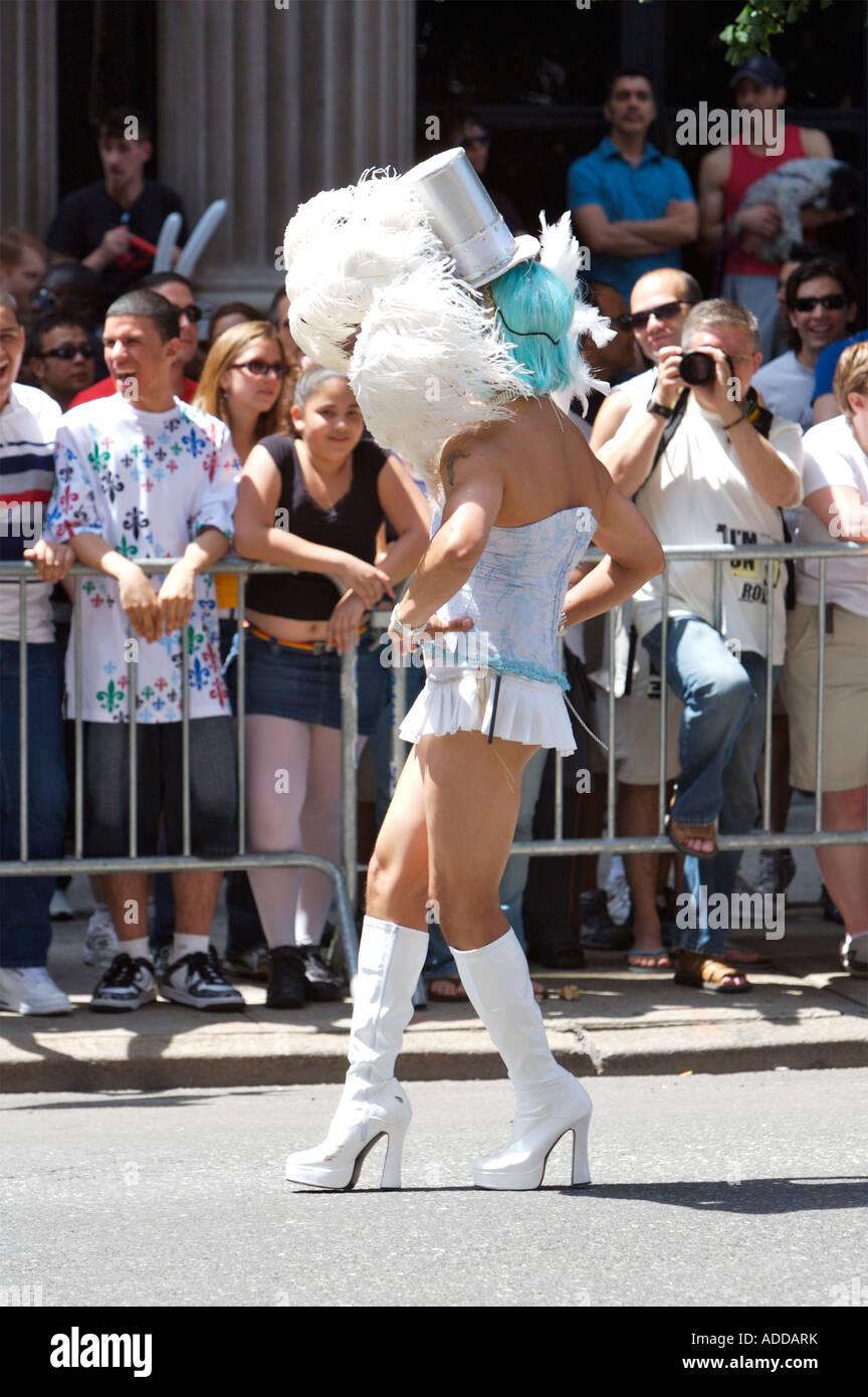 Cross dresser dancing Gay Pride Parade 2007 Manhattan NY USA Stock Photo