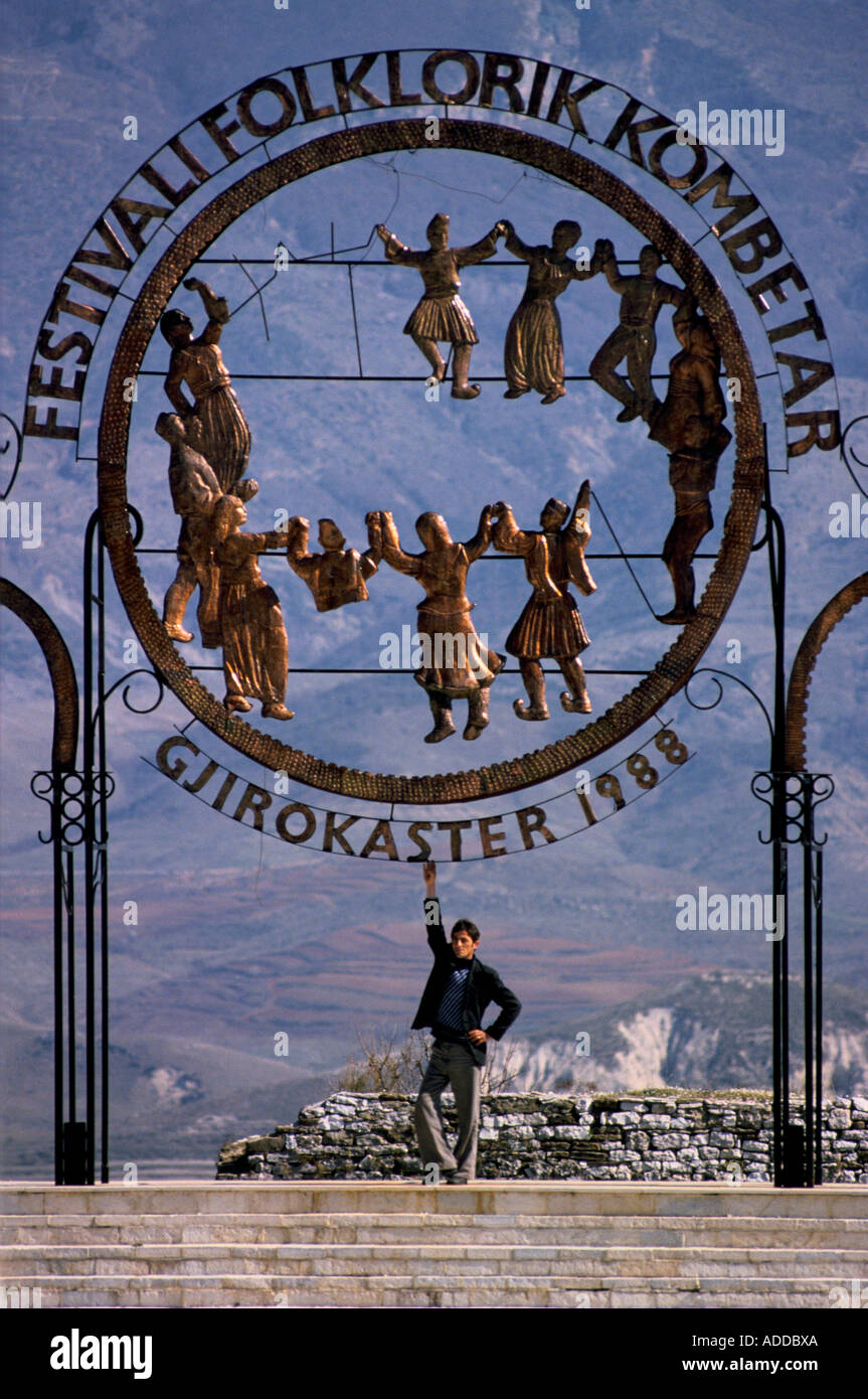 'ALBANIA', FOLK FESTIVAL SIGN, GJIROKASTER., 1990 Stock Photo