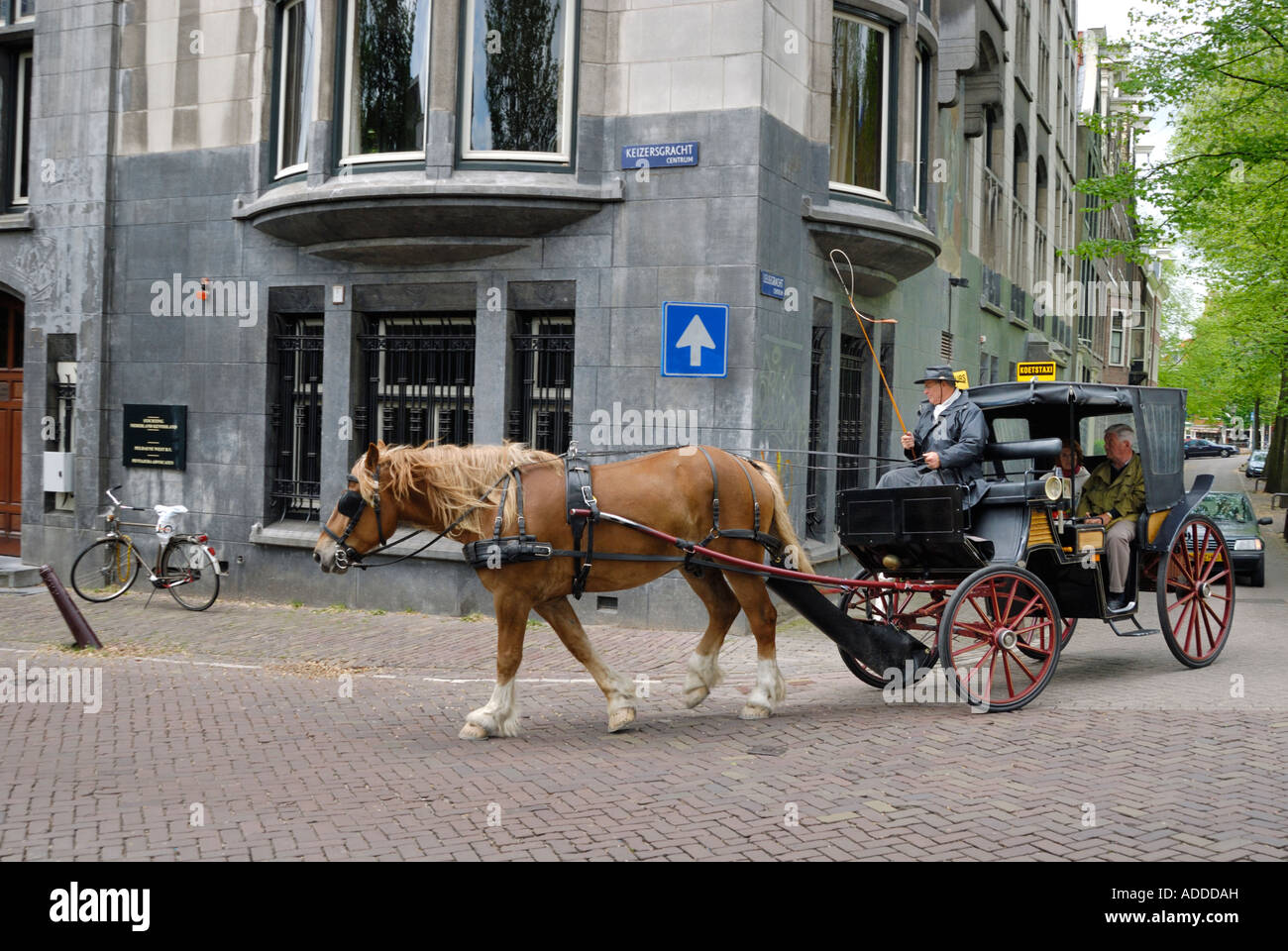 Horse and carriage turning a corner on a cobblestone street in