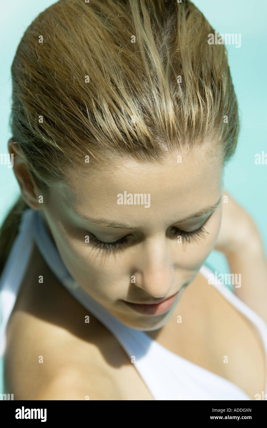 Woman wearing halter bathing suit, head and shoulders, portrait, high angle view Stock Photo Alamy