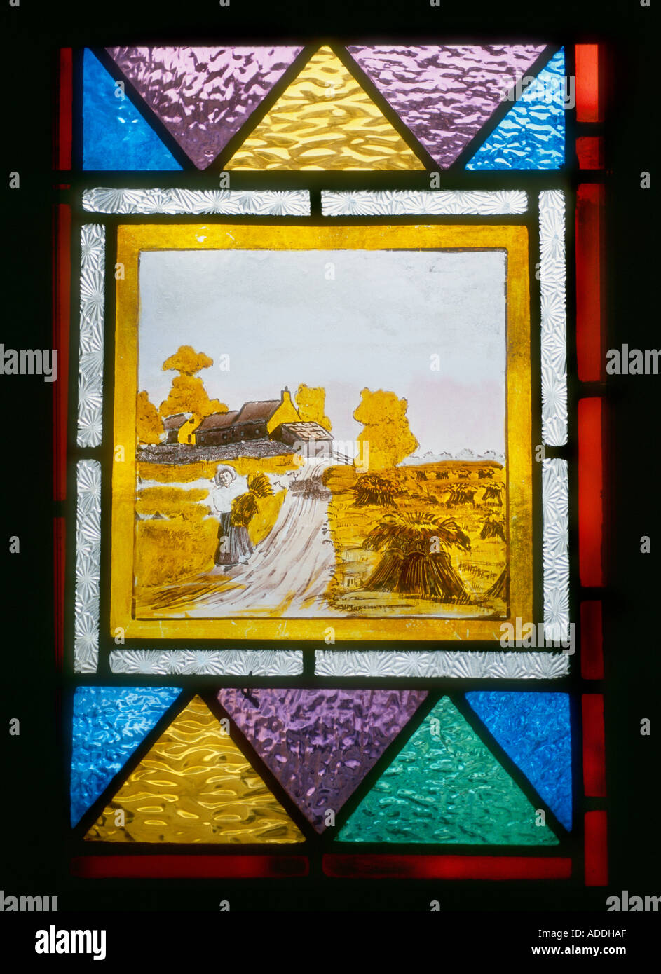 Decorative Stained Glass Panel Hand Painted Rural Scene On Front