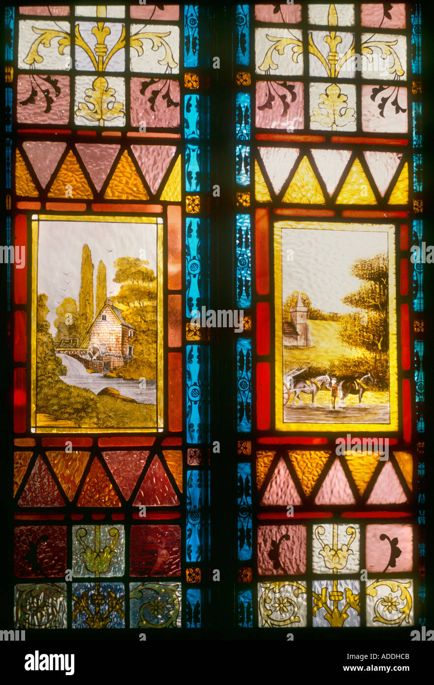 Decorative Stained Glass panel hand painted rural scene on front door