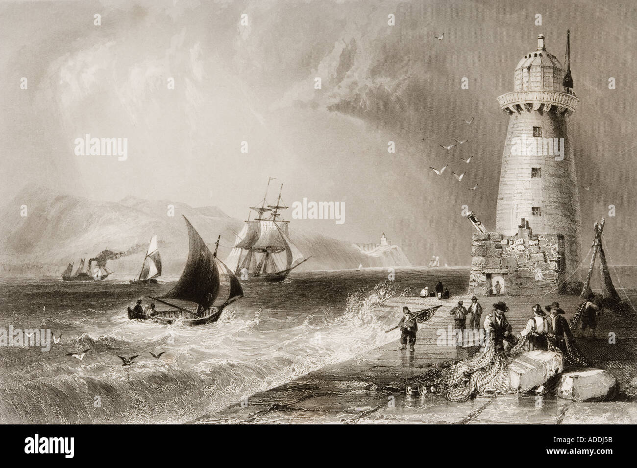 South wall Lighthouse with Howth Hill in the distance Dublin Bay Dublin