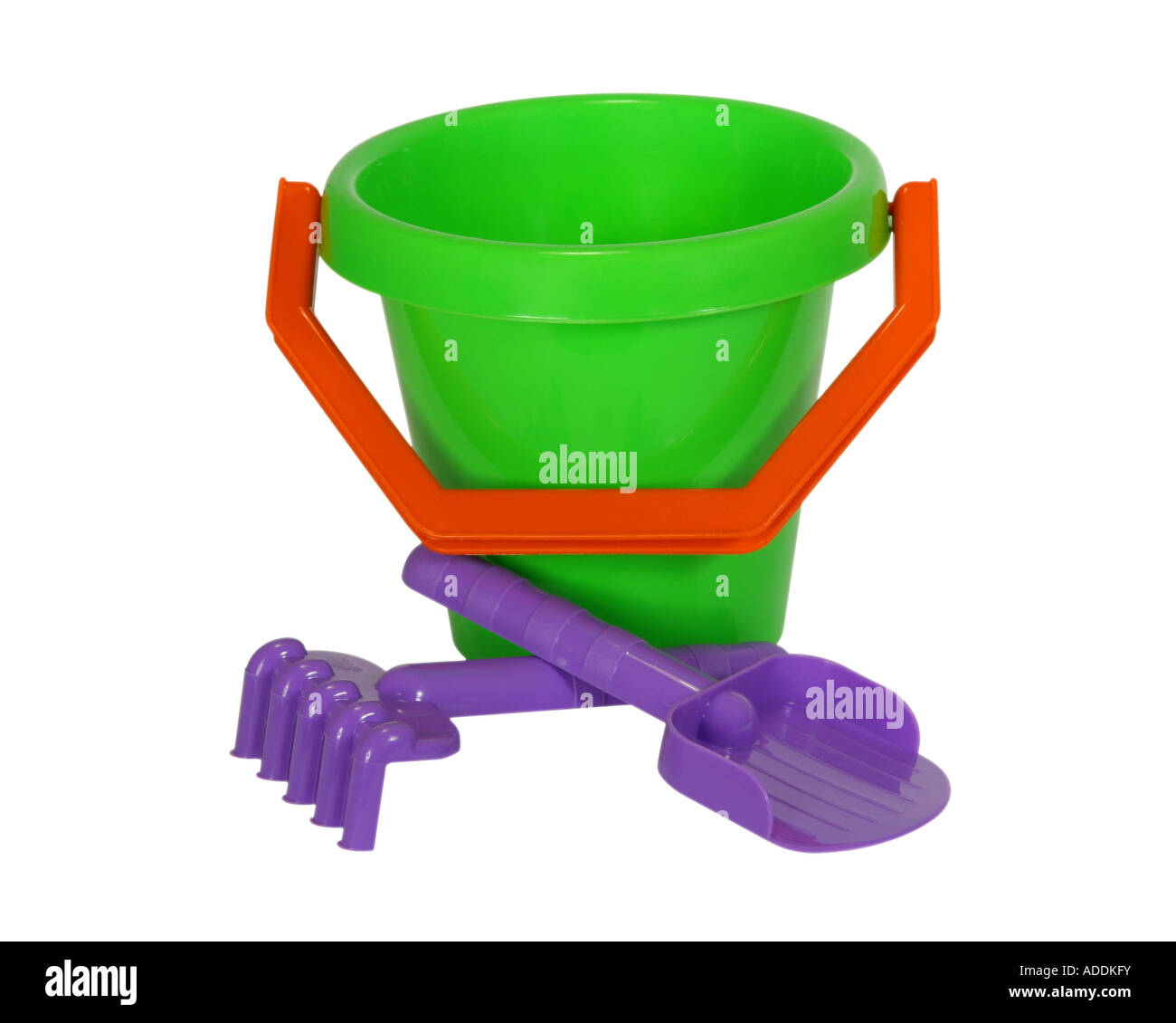 Sand pail, shovel and rake toys on white background Stock Photo Alamy