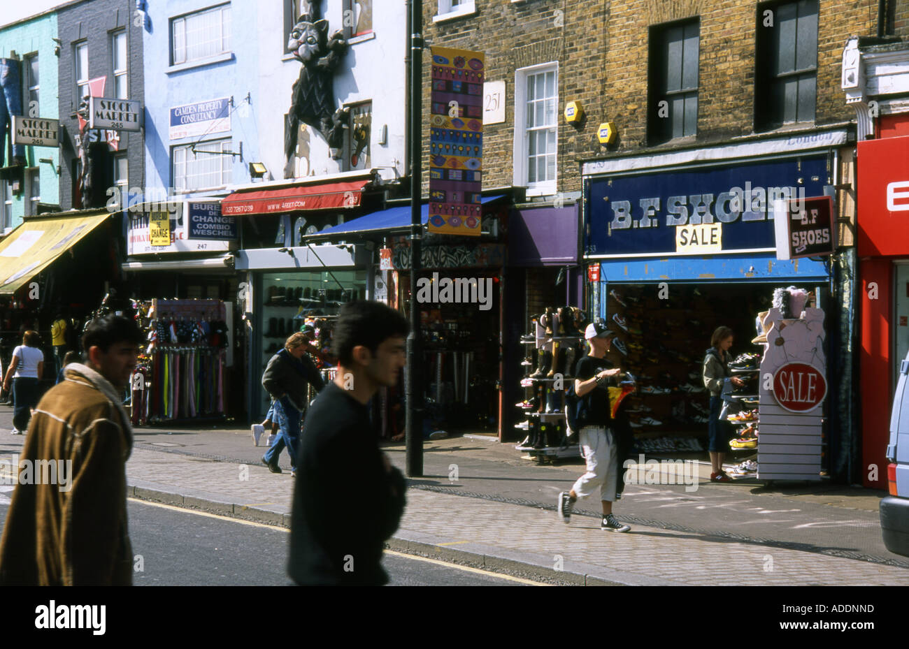 View of busy lively colourful street & shops in Camden Town London ...