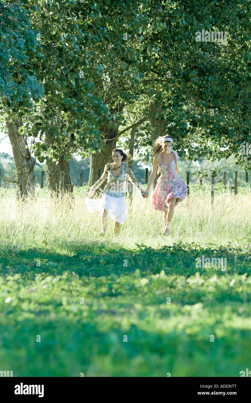 Young women running through field, holding hands Stock Photo - Alamy