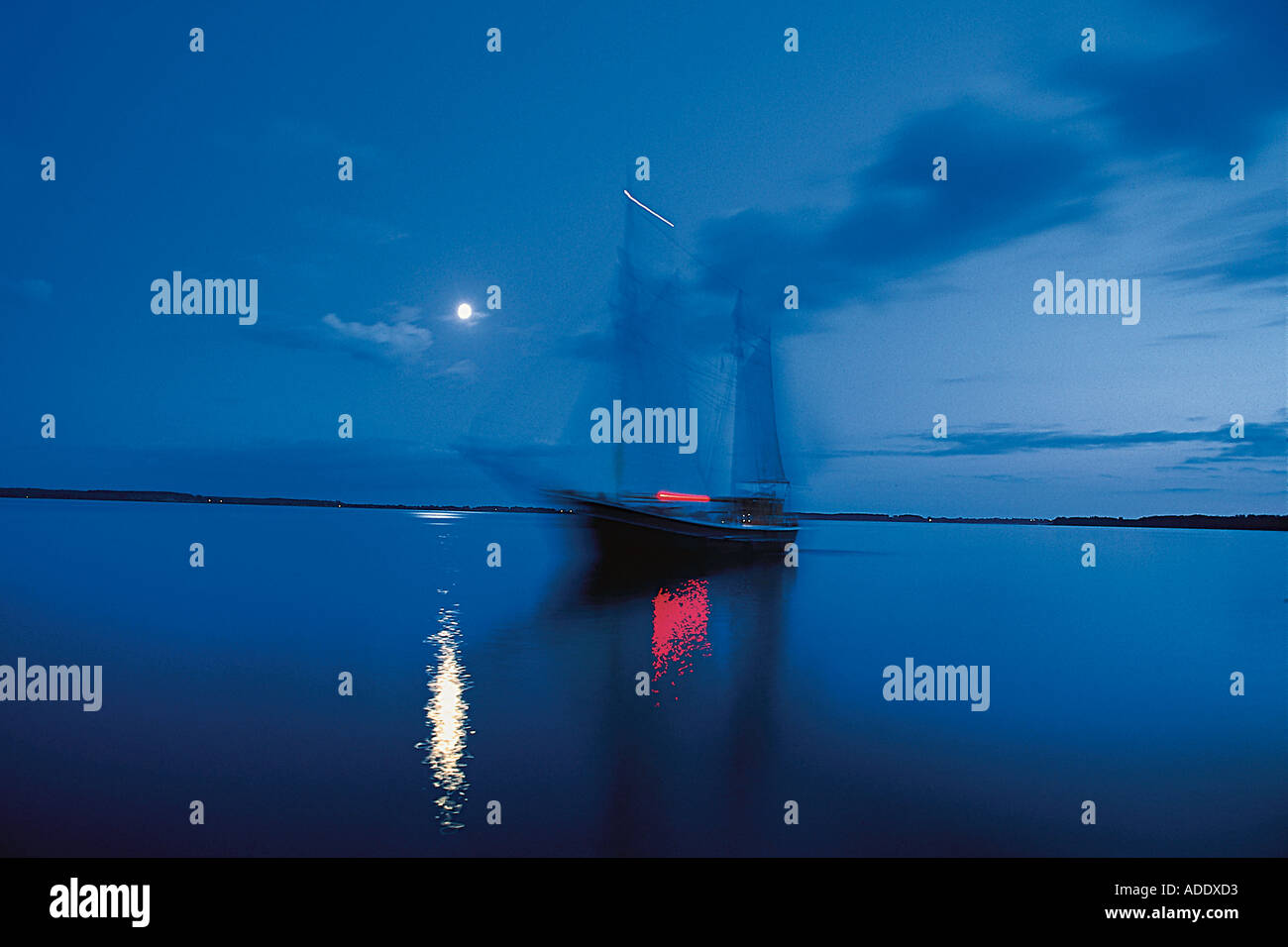 Sailing ship by night, Havet, Danmark Stock Photo