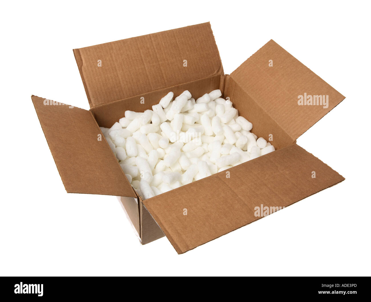 Cardboard box with Styrofoam peanuts Stock Photo