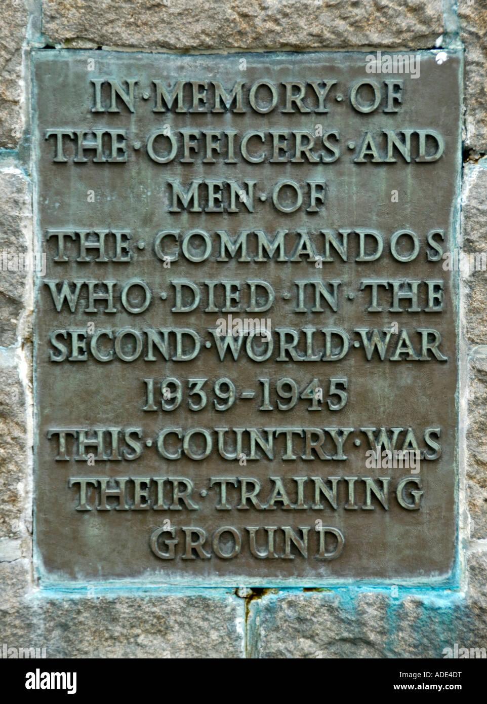 Commemorative plaque on the Commando Memorial . Spean Bridge , Lochaber , Scotland , U . K . , Europe . Stock Photo