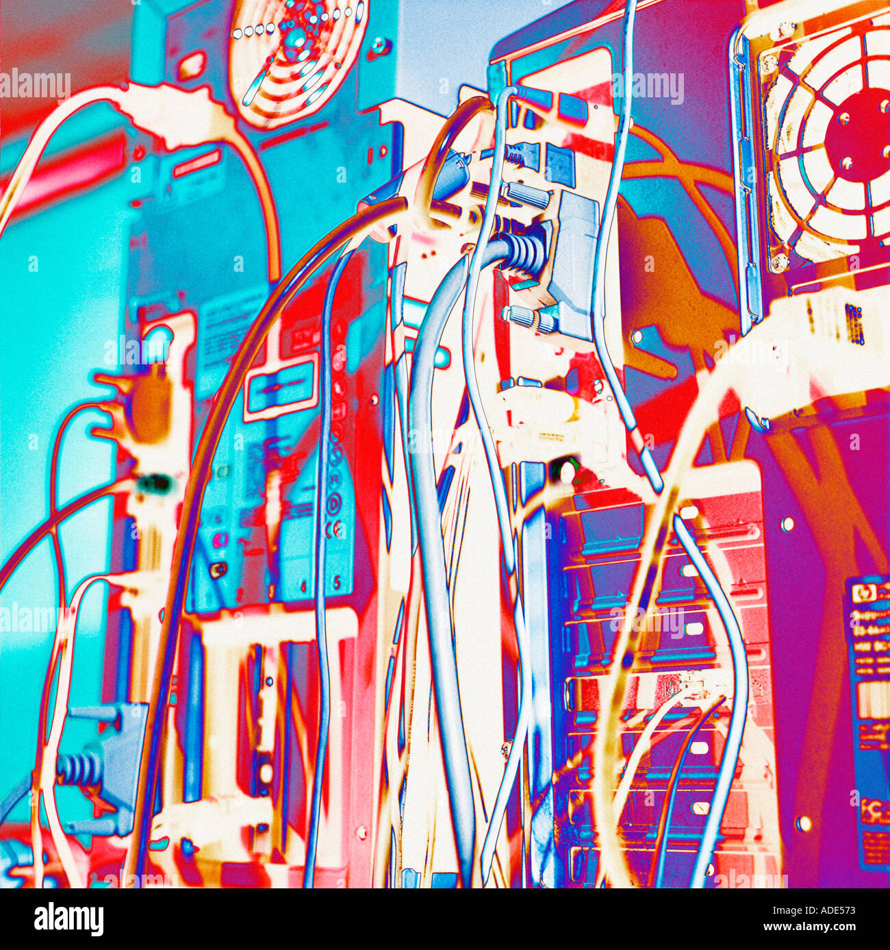 jumble of wires and cables hanging from computers Stock Photo Alamy