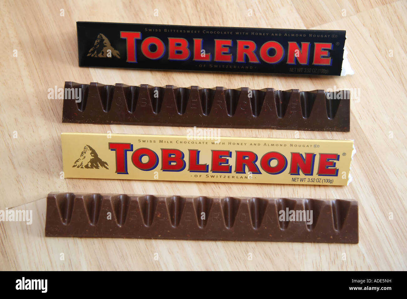 A swiss import, here in the United States, Toblerone chocolate candy bars. Stock Photo
