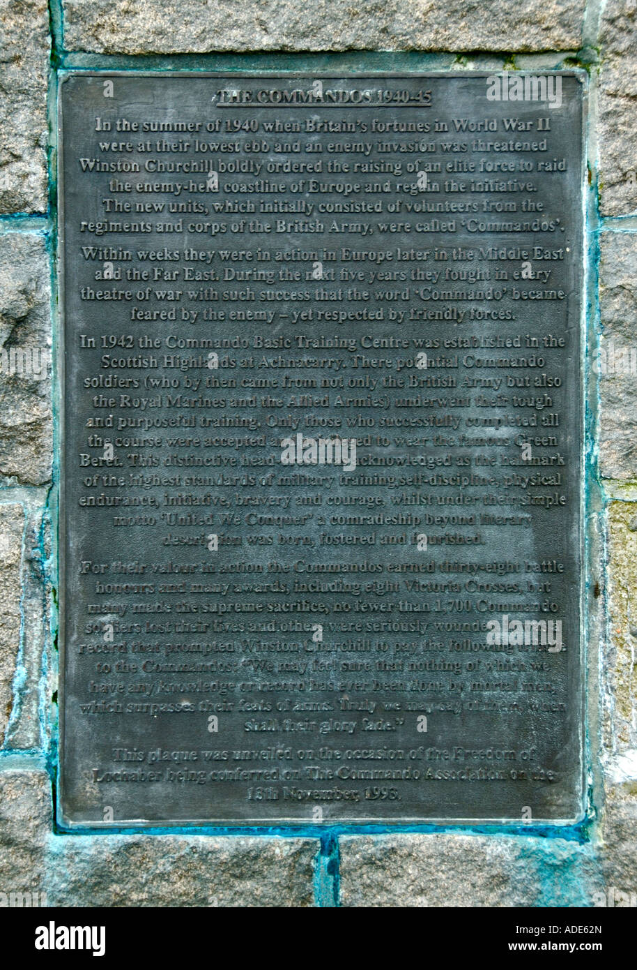 Descriptive plaque on the Commando Memorial . Spean Bridge , Lochaber , Scotland , U . K . , Europe . Stock Photo