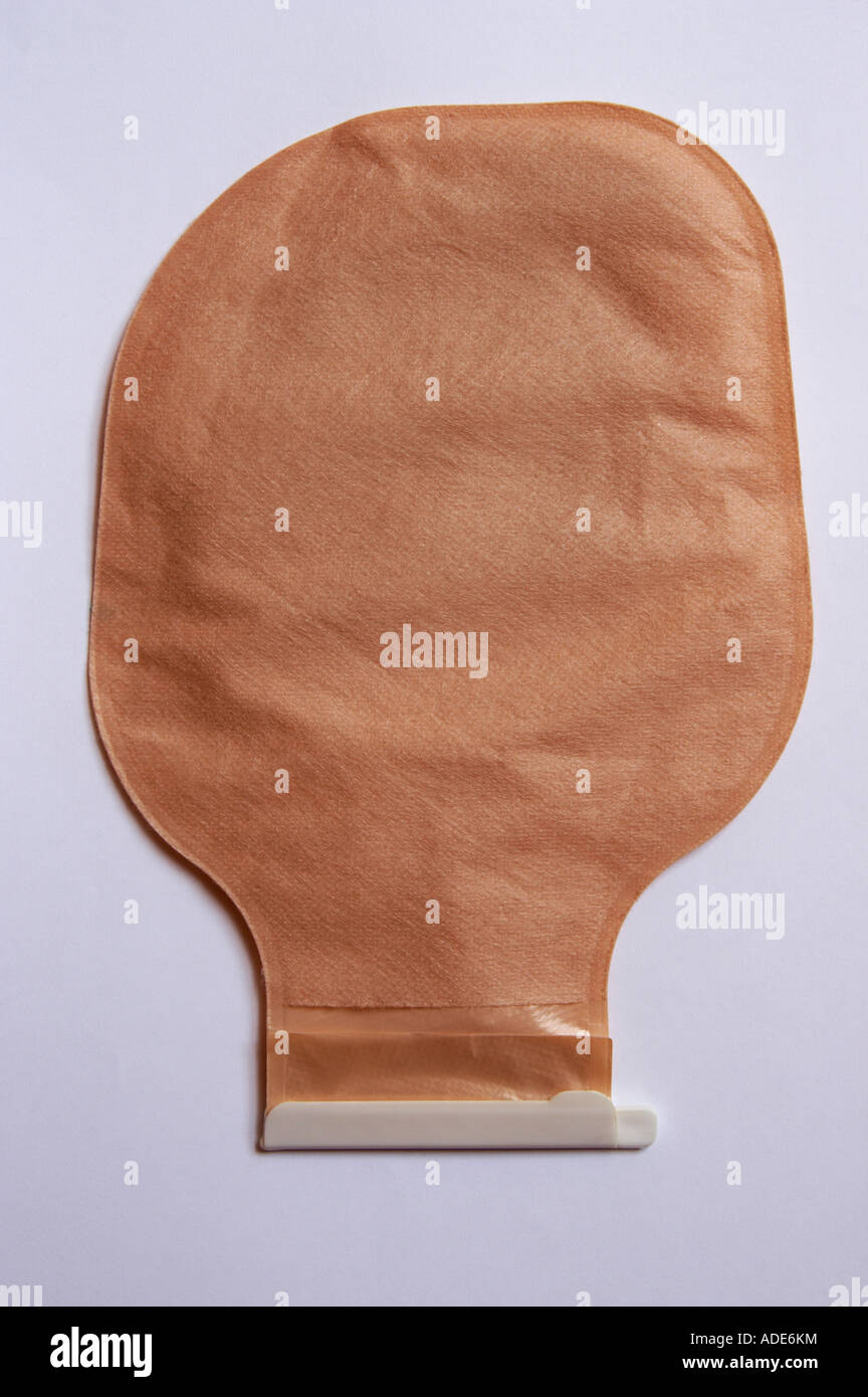 Drainable ileostomy bag with filter showing retaining clip Stock Photo