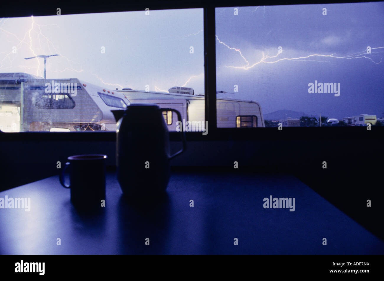 Lightning storm from a RV window at night with other recreational