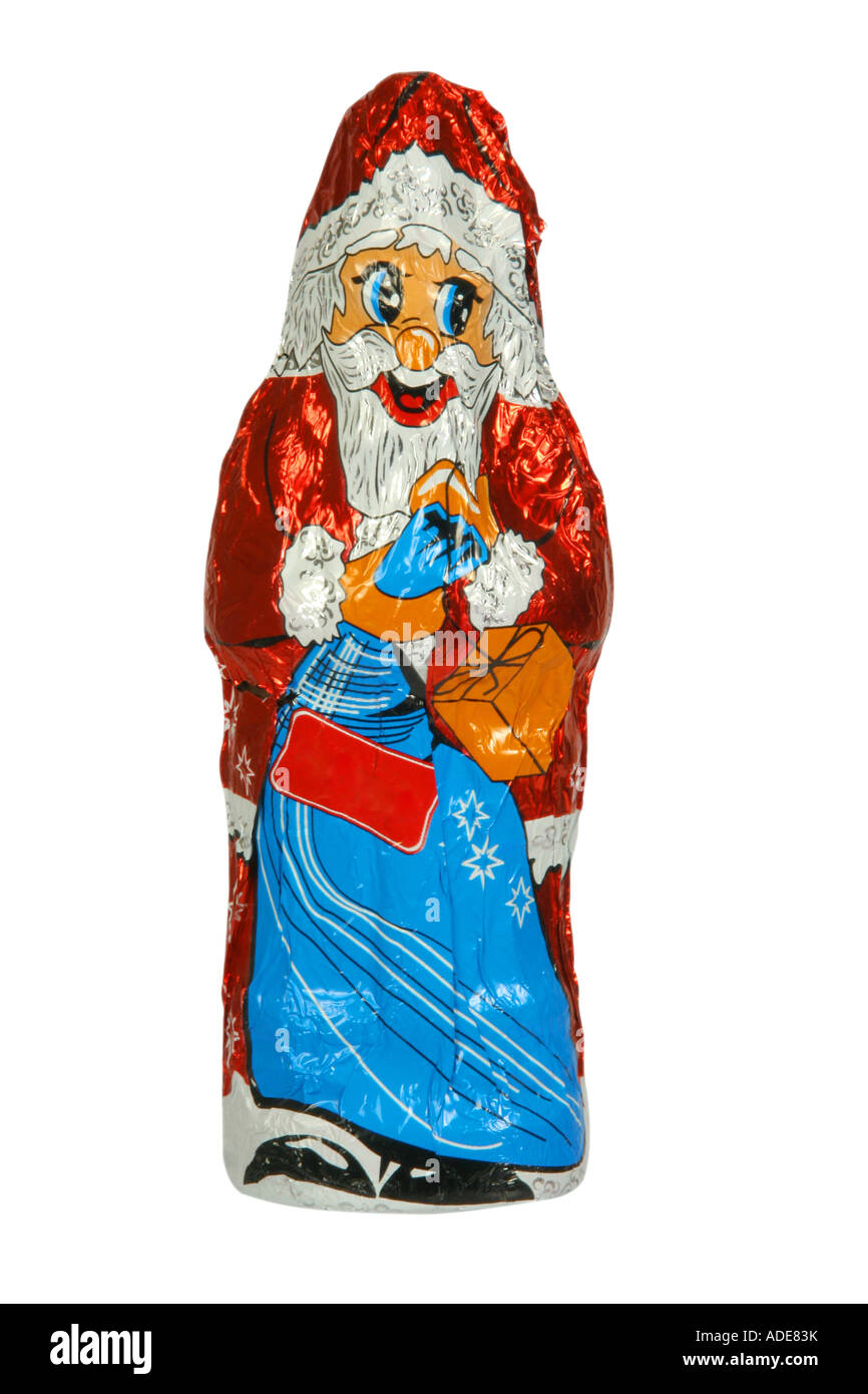 Xmas chocolate Santa wrapped in original aluminium wrapper on white background Stock Photo